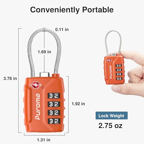 Puroma 2 TSA Approved Luggage Locks 4 Digit Code Cable Lock Robust Orange | Resettable, Flexible Cable, Zipper holes, Zinc Alloy, Bright Color, Large White Numbers, Suitcase Train Travel, laptop bag - color: Basic Robust Orange