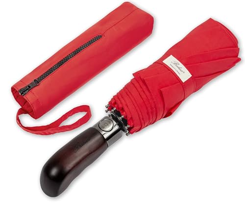 Balios Folding Umbrella Real Wood Handle Auto Open Close - color: Vibrant Red