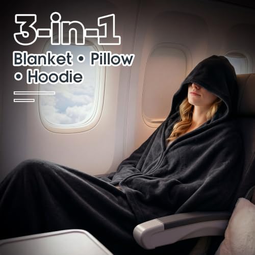 Hooded Blanket for Airplane Travel, Compact Fleece, Black - color: Black