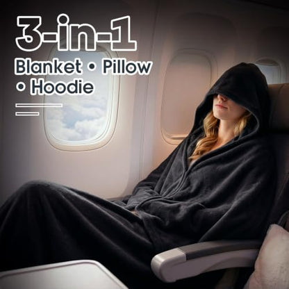 Hooded Blanket for Airplane Travel, Compact Fleece, Black - color: Black