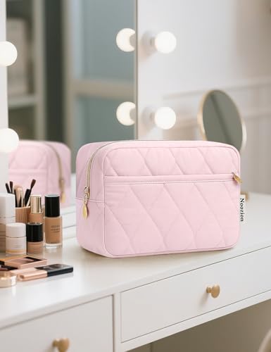 Noozion Makeup Bag Travel Toiletry Bag, Puffy Padded Cosmetic Bag for Women, Makeup Organizer Case, Wide-open Pouch Purse, Travel Essentials - color: Darkpink