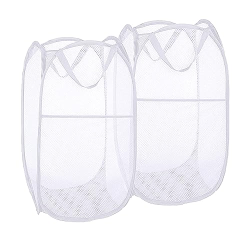 Pack of 2 Pop Up Laundry Hampers, Collapsible Mesh Laundry Baskets, Foldable Clothes Hampers for Bathroom, College Dorm, Travel (White) - color: White