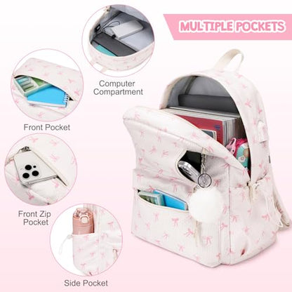 3PCS Corduroy Girls Backpack w/ Lunch Box & Pencil Bag (Beige Bow Tie) - color: Beige Bow Tie