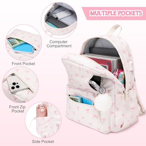 4PCS Corduroy Girls Backpack w/ Water Bottle & Lunch Bag (Beige Bow Tie) - color: 2-beige Bow Tie