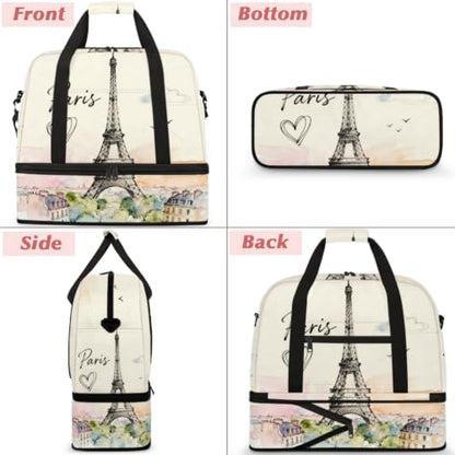 Paris Eiffel Tower Foldable Travel Duffel Bag, Expandable Sports Gym Bag with Shoes Compartment Weekender Overnight Totes Bags for Women Men - color: Paris Eiffel Tower