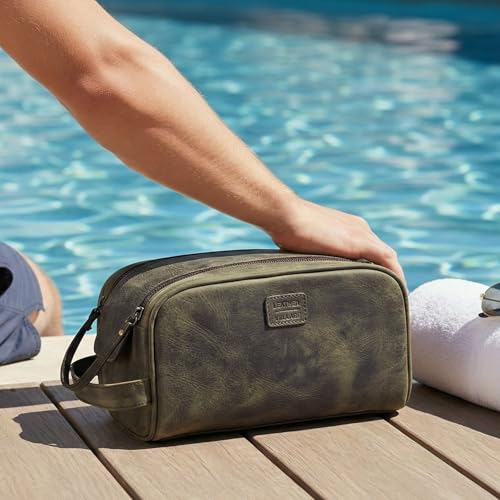 LEATHER VILLAGE Leather Toiletry Bag for Men, Travel Dopp Kit Shaving Bag - color: Olive