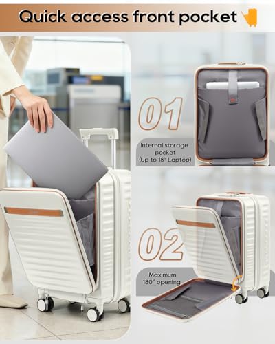 Joyway 20 Inch Carry On Luggage with Front Pocket and Cup Holder, White - color: Beige, size: 2 Piece Set (20 Inch + Bag)