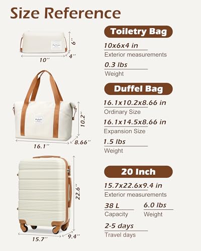 LONG VACATION Luggage Sets with Spinner Wheels, Carry on Suitcase 3 Piece - color: WHITE-BROWN, size: 3 piece set(DB)