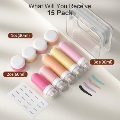 Quatish 15 Pack Travel Bottles Toiletries,Travel Size Containers,Macaron - color: Macaron