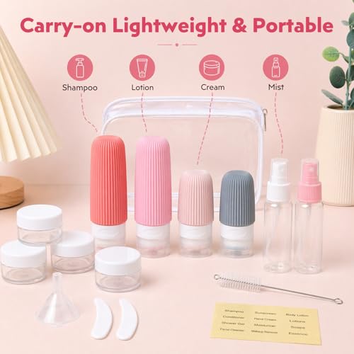 16 Pack Travel Bottles Set - TSA Approved Containers for Toiletries, Leak Proof Silicone Travel Size Containers with Jars, Spray Bottles & Clear Bag for Shampoo, Lotion