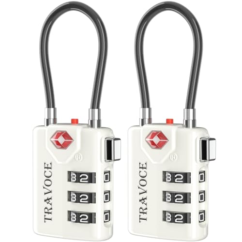 TSA Approved Luggage Locks, Combination Cable Locks, 2 Pack, White | Search Alert shows TSA key access; resettable 3-digit code and flexible braided steel cable for suitcases and backpacks. - color: White 2 Pack