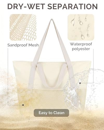 HOMESPON Beach Bag Large Waterproof Sandproof Tote for Women with Zipper and Mesh Pockets - color: Beige, size: Medium