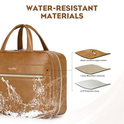 Yeiotsy Hanging Toiletry Bag - Waterproof Vegan Leather Organizer with Wet-Dry Compartments, Foldable Design for Camping, Gym & Business Travel (Brown, Large) - color: Brown