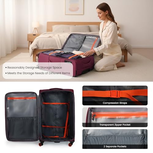 3-Piece Softside Expandable Luggage Set w/Front Open Pocket - color: Burgundy, size: 3-Piece Set (22"/28"/32'')
