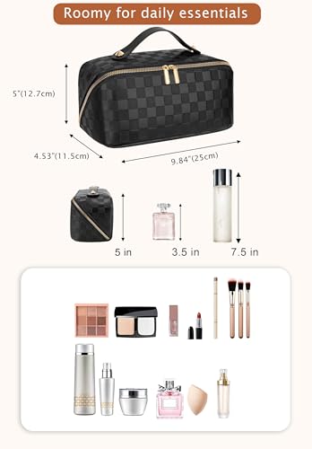 ALEXTINA Travel Makeup Bag, Checkered PU Leather Cosmetic Bag, Black - color: black, size: Medium