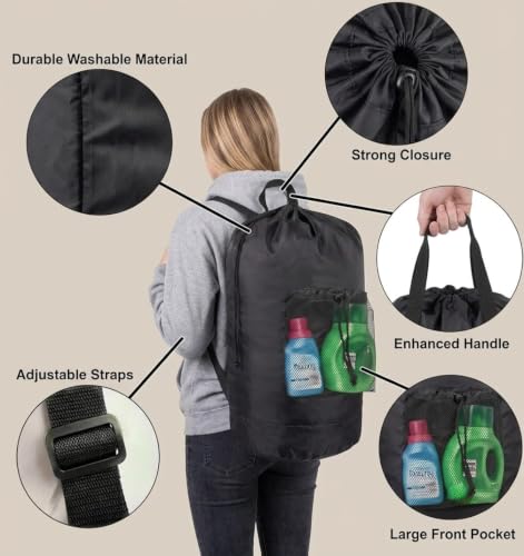 Trailmaker Laundry Bag Backpack for College Dorm, 115L Washable Laundry Hamper Bag, 32 x 14 Inch with Shoulder Straps, Mesh Pocket, Drawstring Closure for Apartment, Laundromat, Travel (Black) - color: Charcoal Black