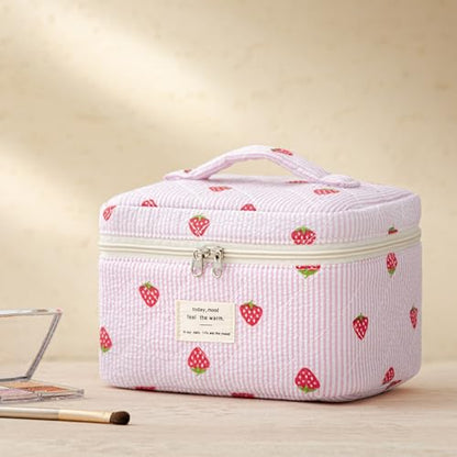 HBselect Quilted Makeup Bag, 3Pcs Cotton Large Travel Makeup Bags Organizer - color: A-3PCS-Floral 47