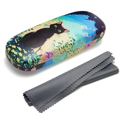 WOZEAH Eyeglasses Case Hard Shell, Protective Glasses Case for Women Men, Portable Eyeglass Holder Box with Cleaning Cloth - color: Cat3