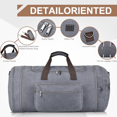 Felipe Varela 60L Canvas Duffle Bag for Men, Travel & Gym Carry on, Grey - color: Grey, size: 60L