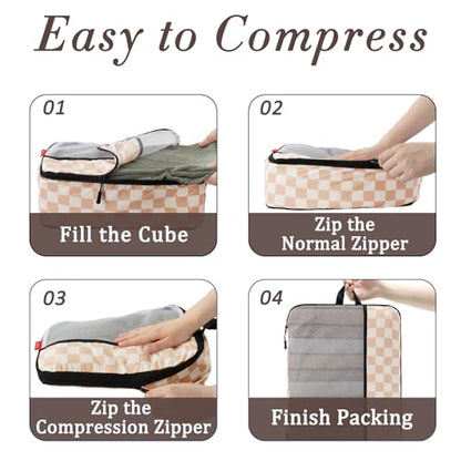 U+U 4 Set Compression Packing Cubes, Travel Organizers (Khaki Checkered) - color: Khaki Checkered, size: 4 Set