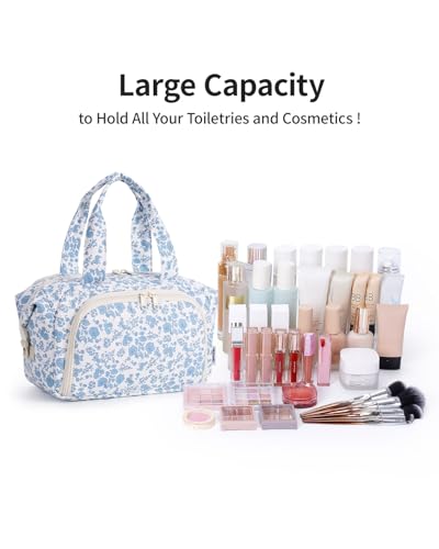 Narwey Travel Toiletry Bag for Women, Large Makeup Cosmetic Organizer Bag - color: ZA-Little Blue Flower