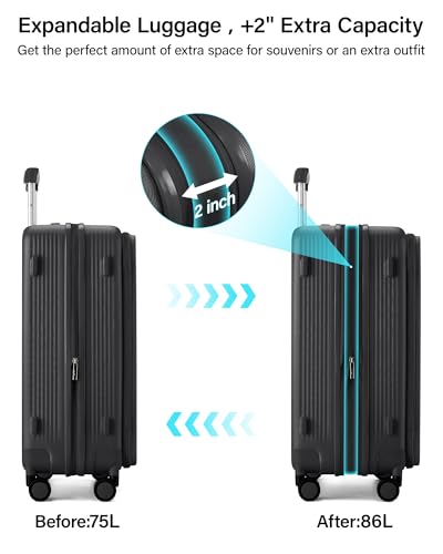 Hanke Top Opening 24" Medium Suitcase Expandable Hard Shell Jet Black - color: Jet Black, size: 24 Inch EXT