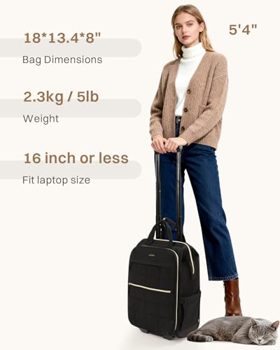 Rolling Puffer Backpack for Women, Travel Backpack with Wheels, 16 Inch Wheeled Laptop Backpck, Dual-Opening Design Overnight College Underseat Carry on Luggage, Roller Business Work Bag, Black - color: Square Quilt Black