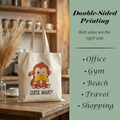 Cute Animal Canvas Tote Bag for Women, Reusable Funny Shoulder Bag, Cartoon Carryall for Work Grocery Travel - color: Monkey