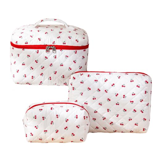 FITINI Makeup Bag Travel Large Quilted Toiletry Bag 3 Pack Portable Cosmetic Organizer Pouch with Small Brush Storage Case Zipper Waterproof for Women,Quilting Cherry - color: Quilting Cherry