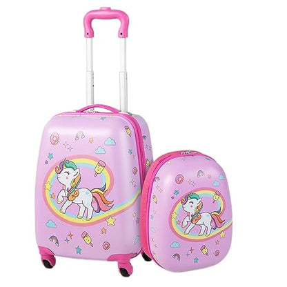 GYMAX Kids Carry On Luggage Set, 12" & 16" 2PCS Rolling Suitcase - color: Unicorn