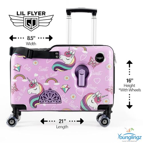 Younglingz LIL FLYER GO Version 2 Ride On Suitcase for Kids | Carry On Luggage with Toddler Seat, Foldable Handlebars, Pedals, and Removable Wheels | Holds up to 80 lbs | Glam | Ages 2-6 - color: Glam V2