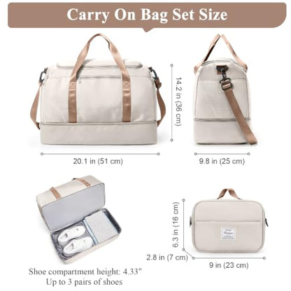 Travel Duffle Bag with Shoes Compartment,Carry-On Weekender Bags for Women - color: Beige & Brown with Toiletry Bag, size: Large