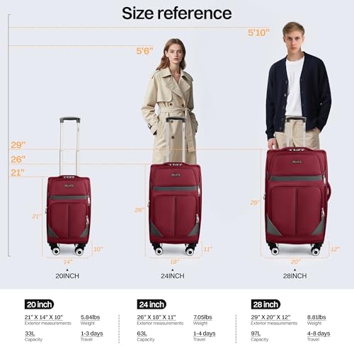 2-Piece Set Luggage,Softside Luggage Sets,Expandable 15% - color: Burgundy-Grey, size: 2-Piece Set (20"/28'')