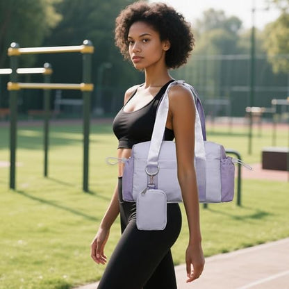 Everyday Mini Gym Bag for Women 2.0 Small Tote with Zipper Compartment Waterproof Travel Duffle Cute Handbag Workout Carry On with Removeable Shoulder Strap & Coin Wallet Easy to Clean-Lavender - color: Lavender