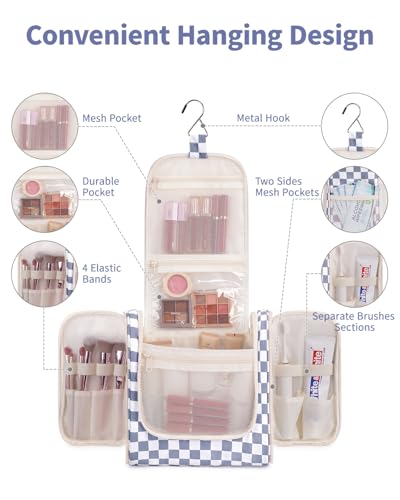 Narwey Large Hanging Travel Toiletry Bag for Women, Makeup Cosmetic Bag - color: C-Grayish Blue Checkerboard, size: Large
