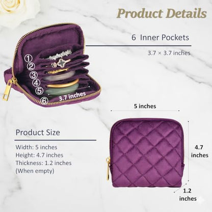 Jewelry Organizer Case, Small Travel Velvet Pouch, Portable - color: Plum Purple Quilted