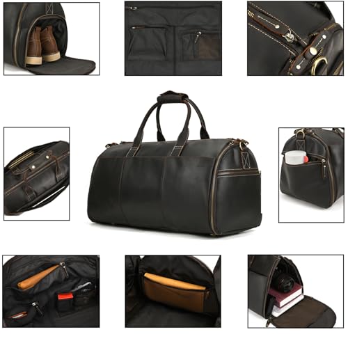 Men's Full Grain Leather Carry On Garment Duffle Suit Travel Bag - color: Dark Brown