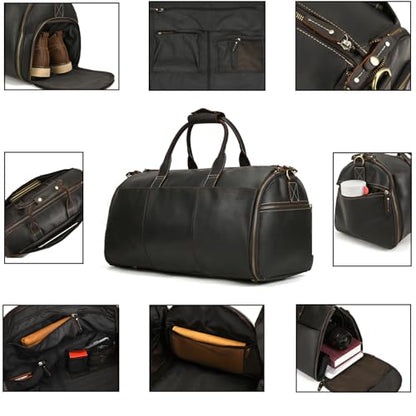 Men's Full Grain Leather Carry On Garment Duffle Suit Travel Bag - color: Dark Brown