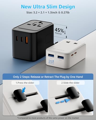 “Air” Universal Travel Adapter 2 USB-C＆ 2 USB-A Cover 200+ Countries - color: White, size: A1R PD25W