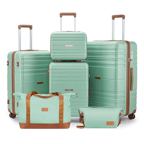 Luggage Sets with Spinner Wheels, Lightweight Hardshell Suitcase Set with TSA Lock, Carry On Checked Luggage Set with YKK Zippers (Green, 6 piece sets（14/20/24/28/DB/TB）) - color: Green, size: 6 piece sets（14/20/24/28/DB/TB）