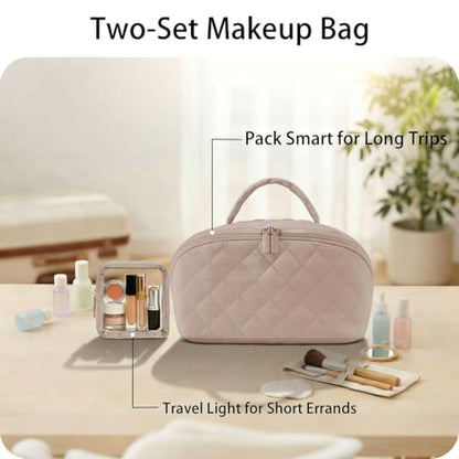 Travel Makeup Bag for Women,Large Capacity Waterproof Makeup Organizer, Open Flat Toiletry Bag for Toiletries(Light Brown)