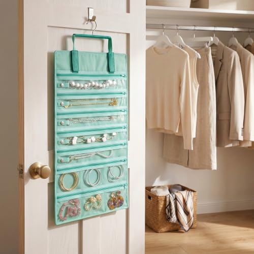 UnionPlus Velvet Jewelry Roll Organizer, 11 Grids, Ice Green - color: Ice Green, size: 11-Grids
