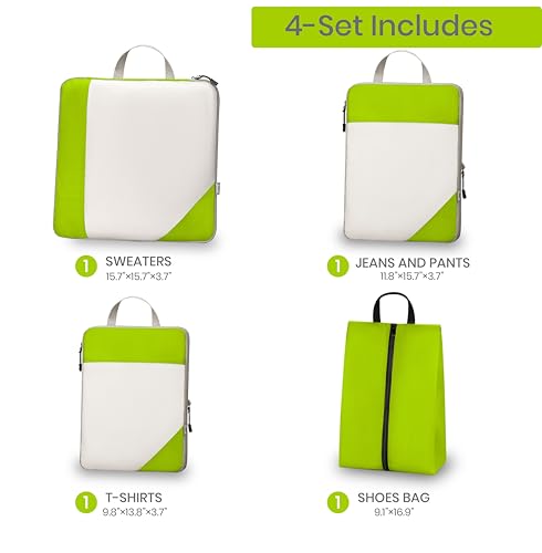 Compression Travel Packing Cubes with White Mesh, Green, 4Pcs - color: Green, size: Set of 4