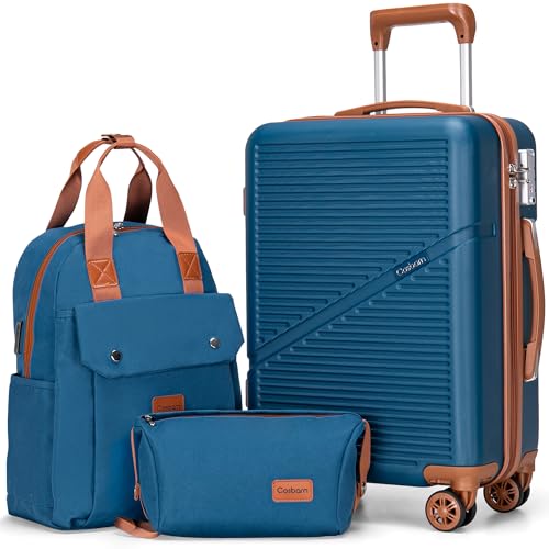 Cosbarn Carry On Luggage,3 Piece Suitcase Set,22x14x9 Airline Approved - color: Navy, style: Carry on Luggage With Backpack
