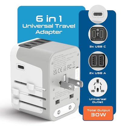 Ceptics Universal Travel Adapter, 3 USB-C + 2 USB-A with Universal Input - color: Smoke White