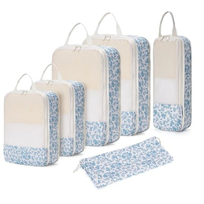 Narwey Compression Packing Cubes for Travel, Cute Luggage Organizer Bags - color: Y-Blue Flower