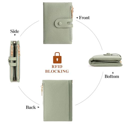 FALAN MULE Small Wallet for Women Leather RFID Blocking Wristlet Bifold Card Holder with Double Zipper Pockets - color: R-Light green