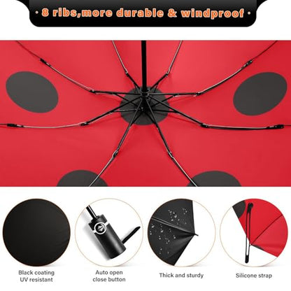 JIPONI Windproof Travel Umbrellas 01 - Large Compact Umbrella for Rain & Sun, Automatic Anti-UV Protection and Light Folding for Backpack & Car - color: Ladybug