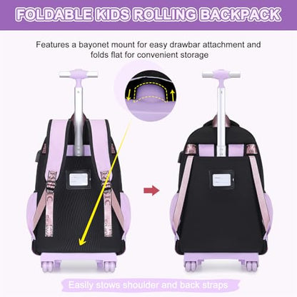 ACESAK 3PCS Teen Girls Rolling Backpack with Lunch Bag Set,Black Purple - color: Purple