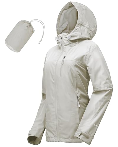 33,000ft Packable Rain Jacket for Women Waterproof Raincoats with Hood - color: Beige, size: Large